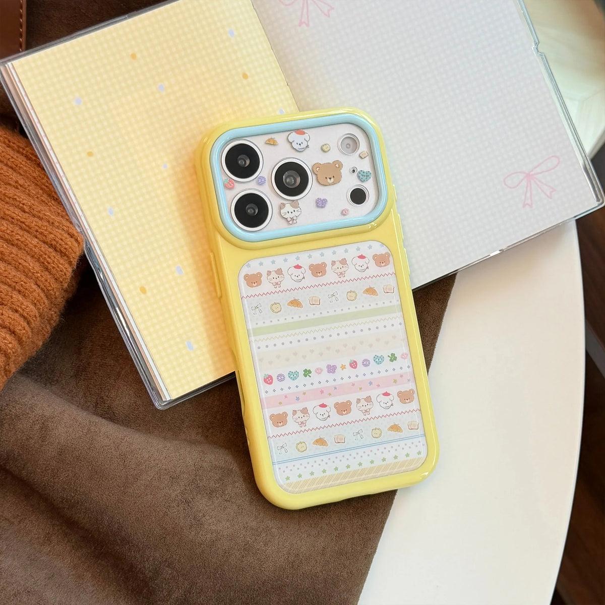 Korean Splicing Polka Dots Cartoon Animals Pattern Phone Case For iPhone