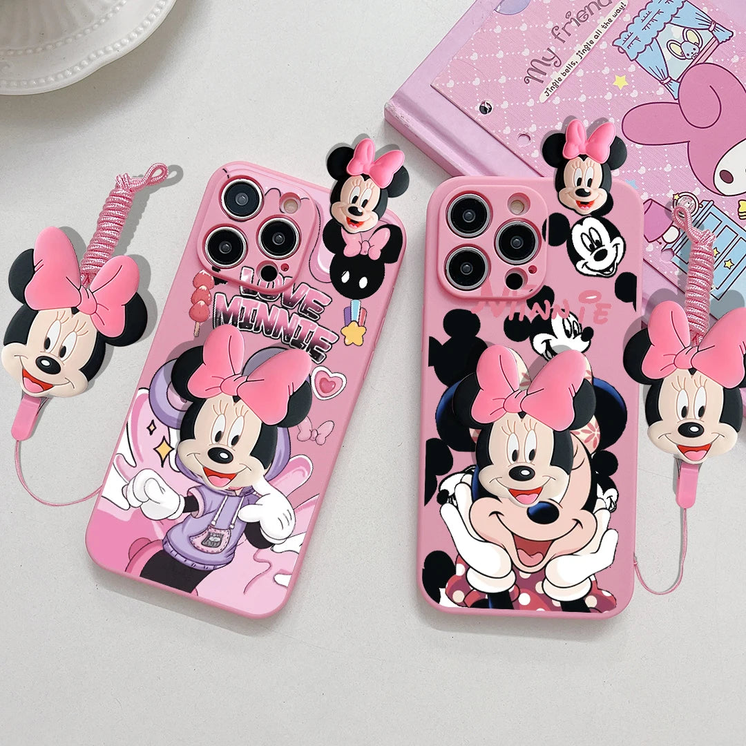 Cartoon Mickey Minnie Soft Case With Holder Rope Phone Case