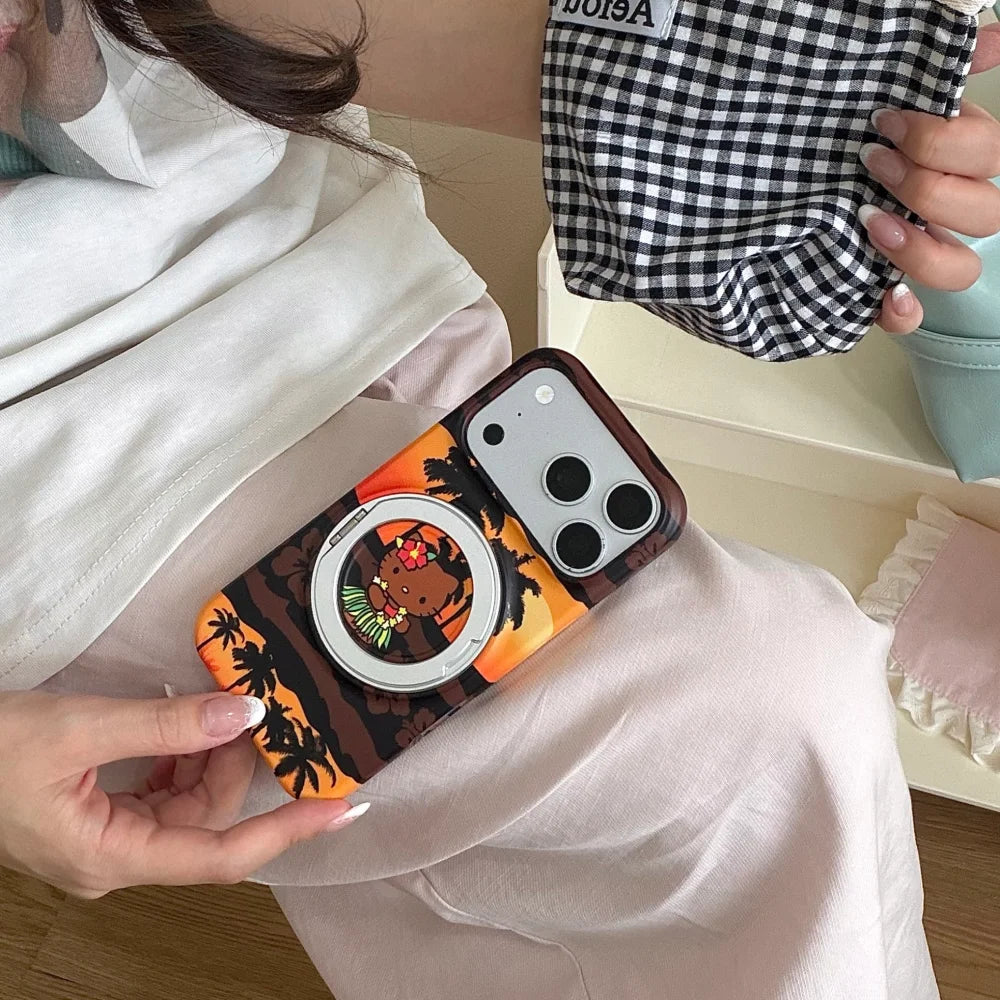 Luxury Black Skin Sanrio Hello Kitty Magnetic Stand Phone Case For iPhone