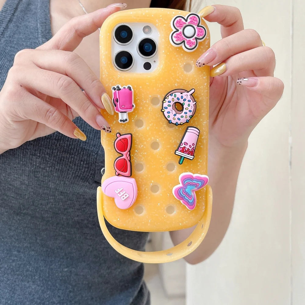Cute DIY Hole Phone Case With Wrist Strap Detachable Cartoon Soft Silicone Phone