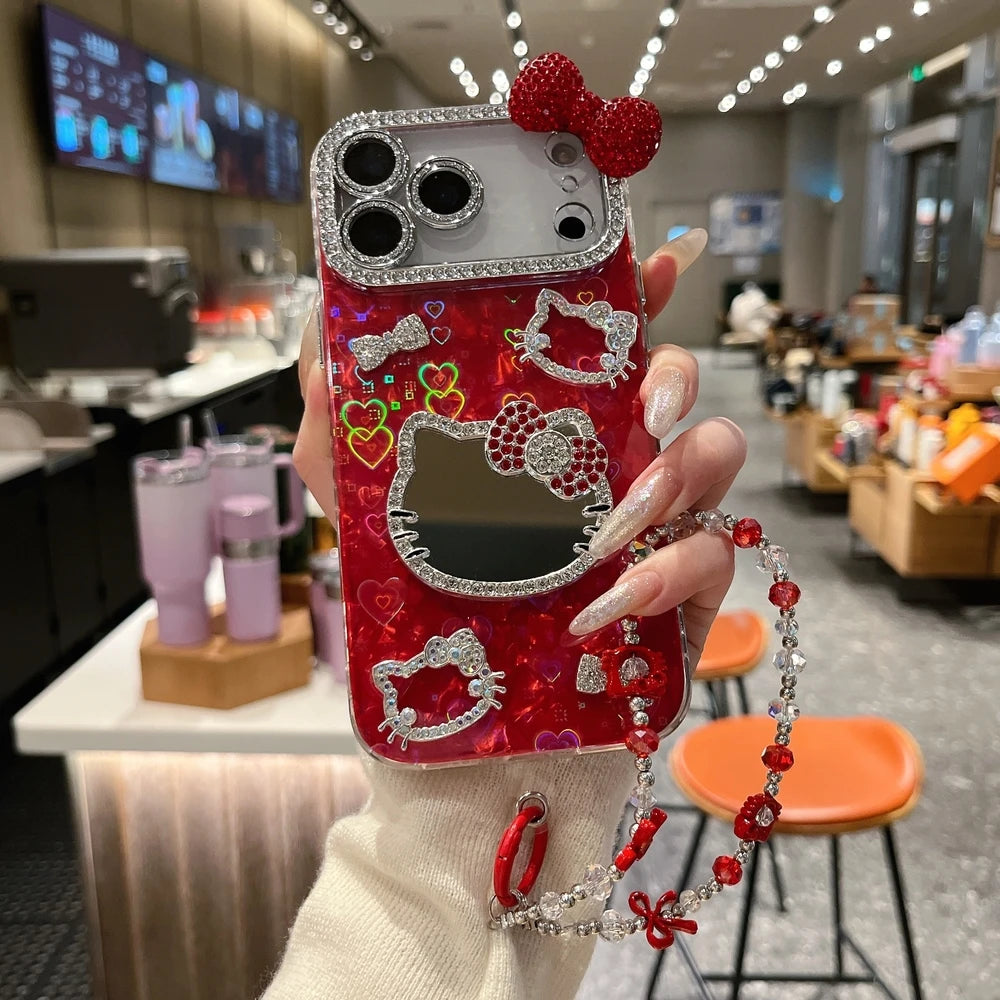 Sanrio Hello Kitty Bling Glitter Makeup Mirror Phone Case For iPhone
