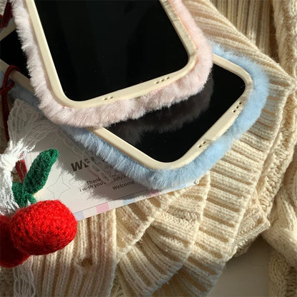 Pink Plush Cute Cherry Knit Pendant Shockproof Phone Case