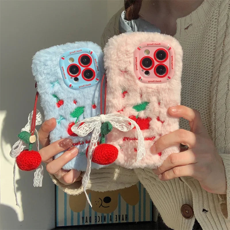 Pink Plush Cute Cherry Knit Pendant Shockproof Phone Case