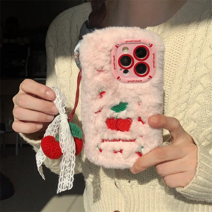 Pink Plush Cute Cherry Knit Pendant Shockproof Phone Case