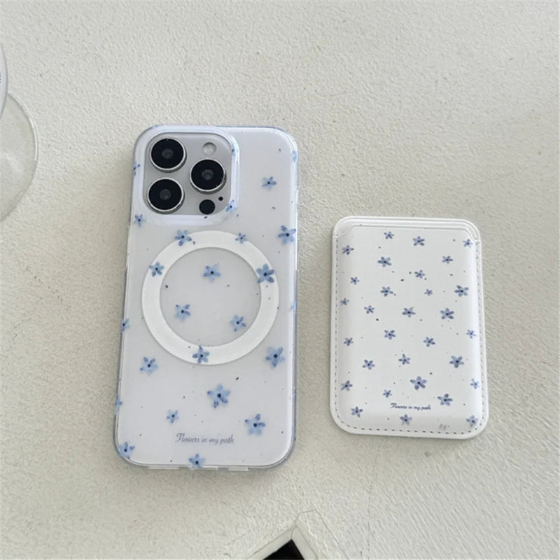Blue Flower Magnetic Card Bag Holder Grip Tok Phone Case