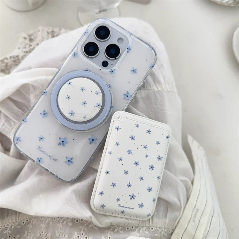 Blue Flower Magnetic Card Bag Holder Grip Tok Phone Case
