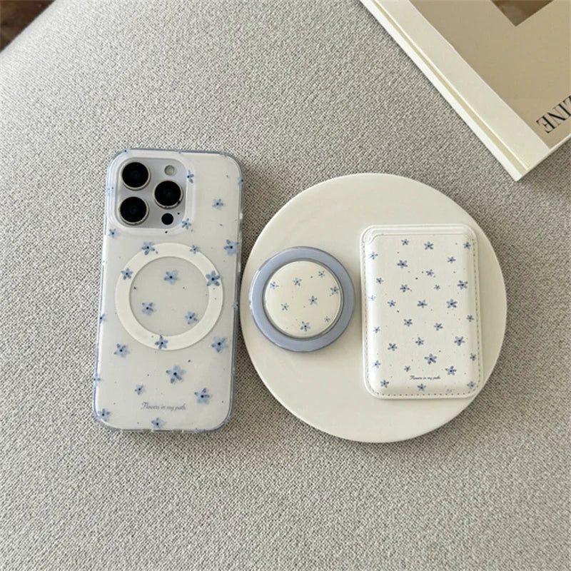 Blue Flower Magnetic Card Bag Holder Grip Tok Phone Case