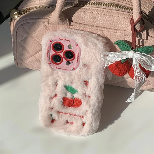 Pink Plush Cute Cherry Knit Pendant Shockproof Phone Case