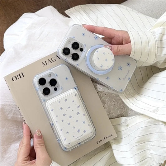 Blue Flower Magnetic Card Bag Holder Grip Tok Phone Case
