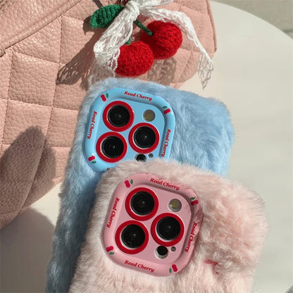 Pink Plush Cute Cherry Knit Pendant Shockproof Phone Case