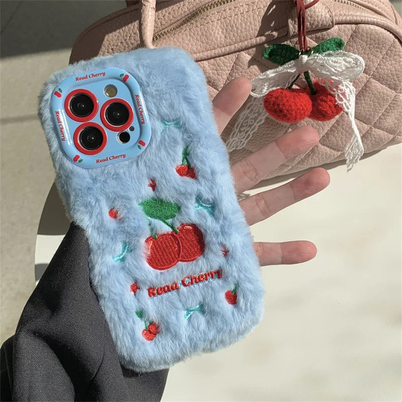 Pink Plush Cute Cherry Knit Pendant Shockproof Phone Case