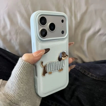 Kawaii Cute 3D Embroidered Blue Puppy Premium Raised Lychee Pattern Suitable For iPhone