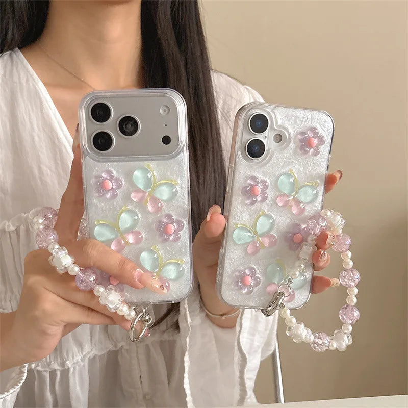 Korean 3D Colorful Flowers Butterfly Glitter Drop Glue With Chain Phone Case For iPhone