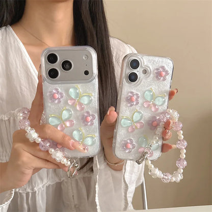 Korean 3D Colorful Flowers Butterfly Glitter Drop Glue With Chain Phone Case For iPhone