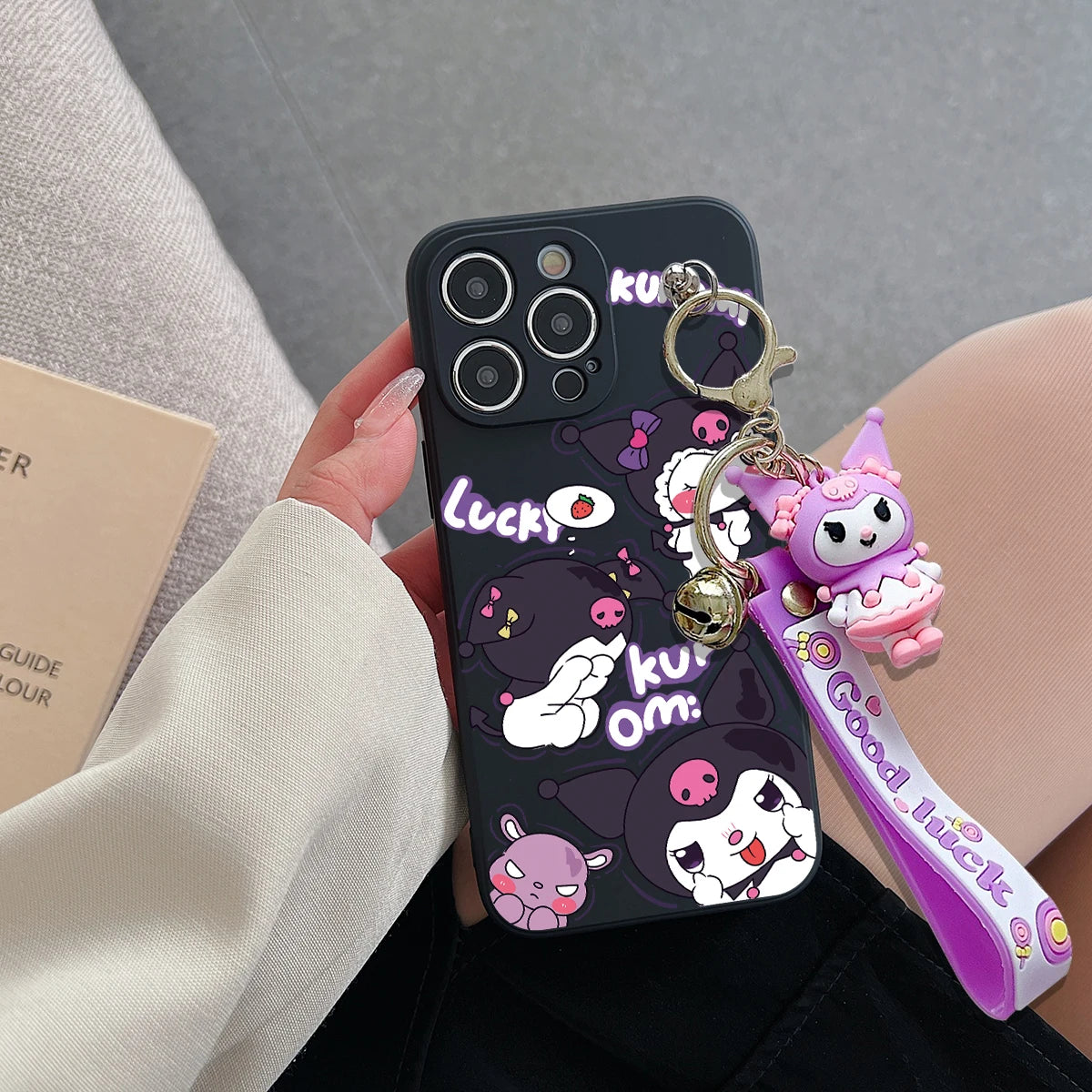 Kuromi Pendant Wrist Strap Phone Case For iPhone