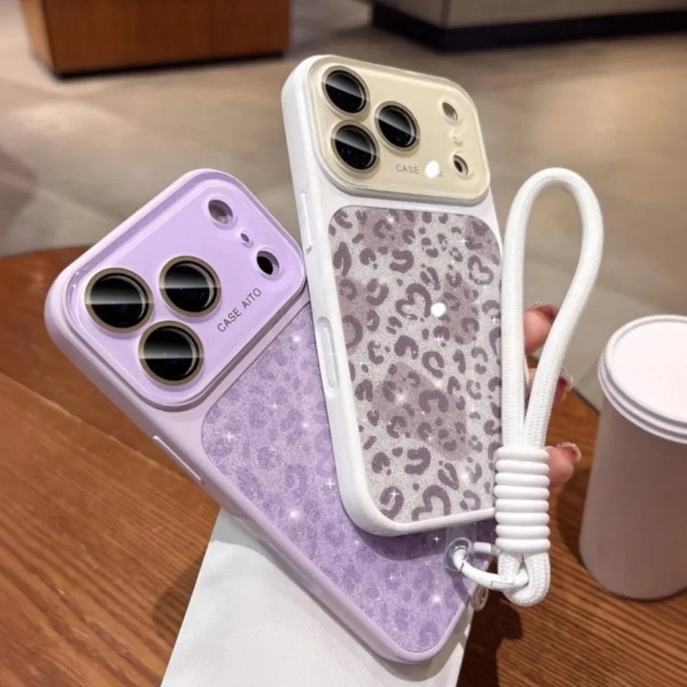 Glitter Leopard Print Wrist Strap Case  For iPhone