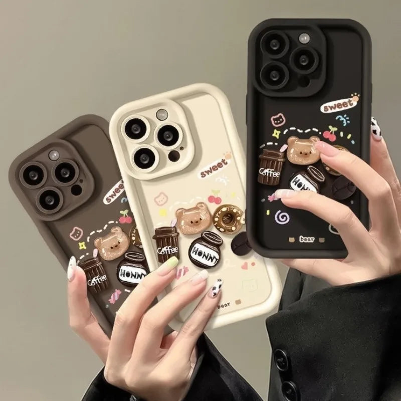 Cute 3D Bear Coffee Donut Phone Case For iPhone