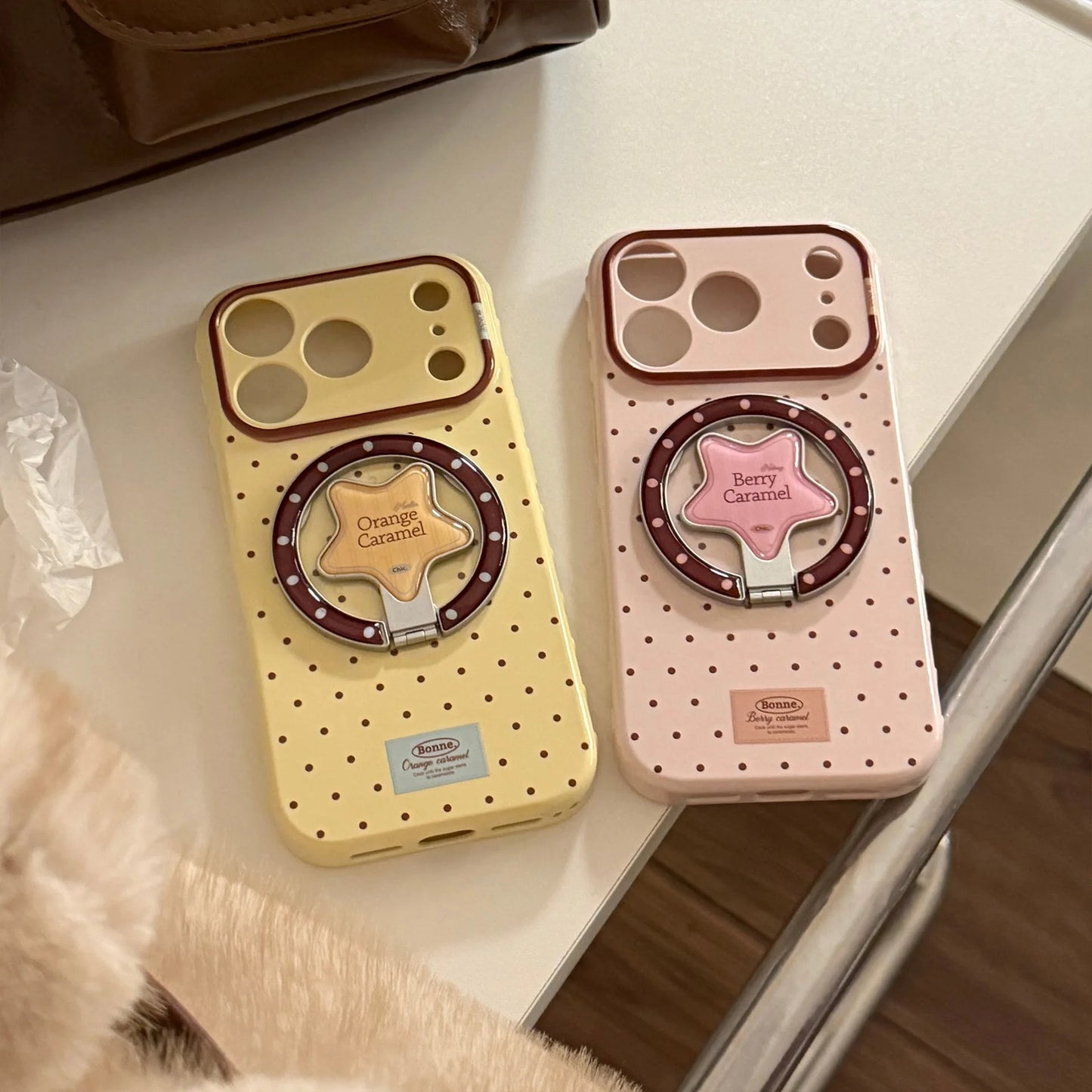Korean Polka Dots Cartoon Bear Fold Stars Magnetic Bracket Phone Case For iPhone
