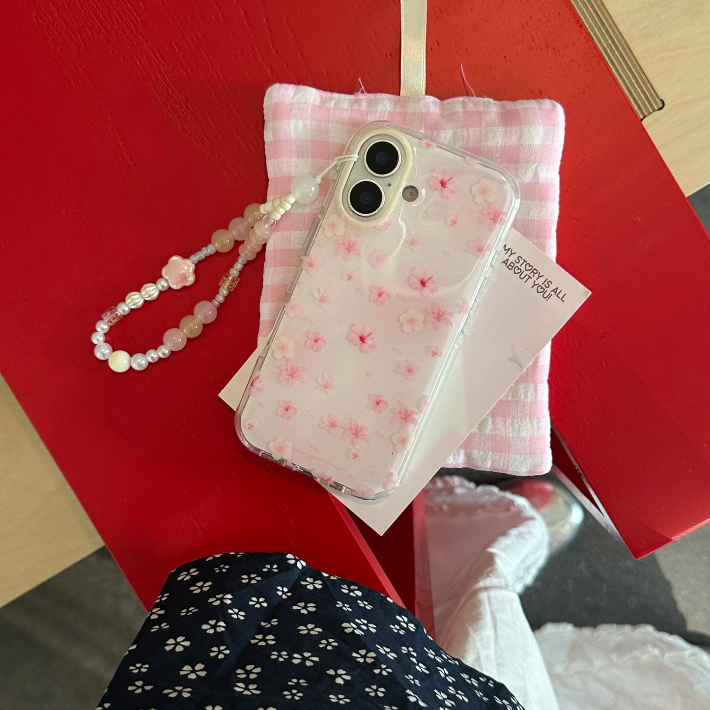 Adorable & Sweet Pink Cherry Blossom Prints with Beaded Chain Lovely Phone Case