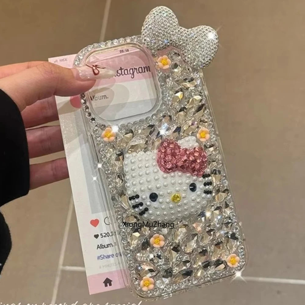 Hello Kitty Cute Cat Bow Flower Bling Glitter Diamond Custom Phone Case