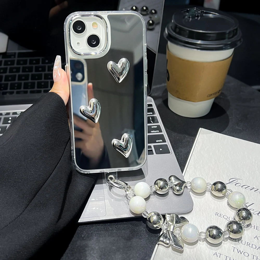 3D Love Heart Pearl Bracelets Chain Lanyard Phone Case For iPhone