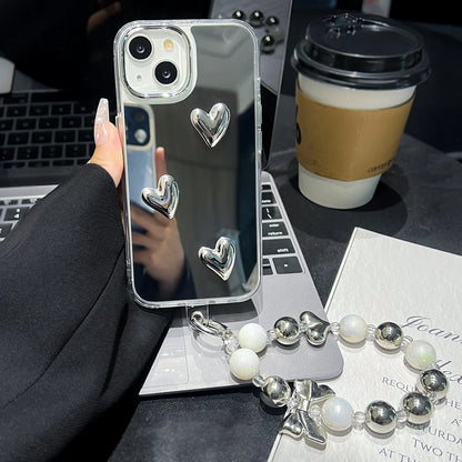 3D Love Heart Pearl Bracelets Chain Lanyard Phone Case For iPhone