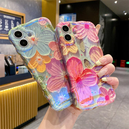 Luxury Blue Light Oil Painting Flowers Wavy Phone Case For iPhone