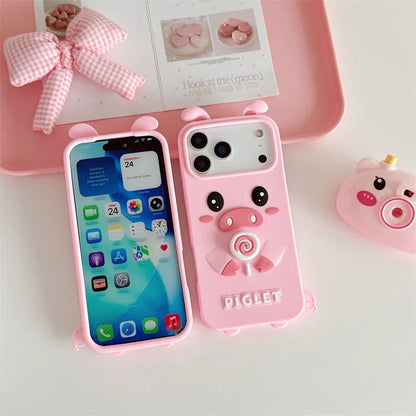 Korean 3D Rotating Candy Cartoon Pink Pig Pattern Soft Silicone Phone Case For  iPhone