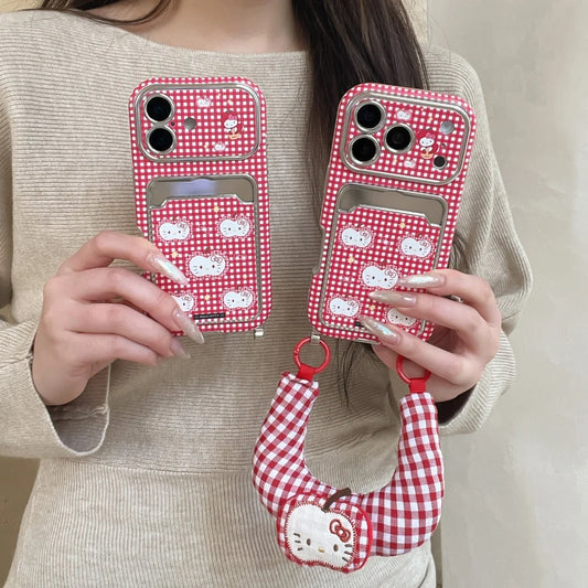 Cute Red Checkered Kitty Cat With Wristband Phone Case For iPhone