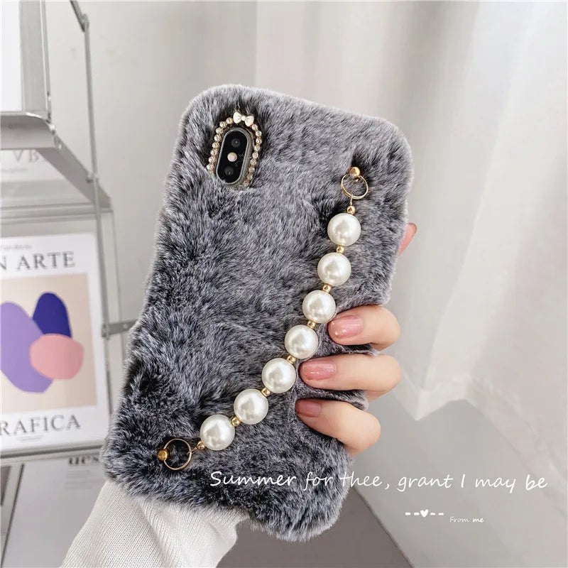 Autumn Winter Hairy Pearl Wrist Strap Phone Case For iPhone