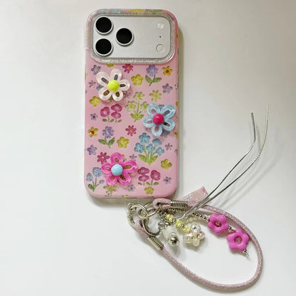 Dopamine Cute 3D Flower Floral Glitter With Lanyard Shockproof Protective Phone Cover Case For iPhone
