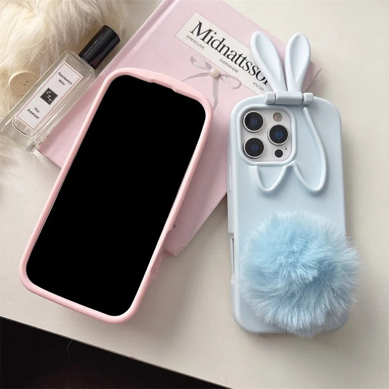 3D Cartoon Rabbit Ear Foldable Holder Silicone Phone Case For iPhone