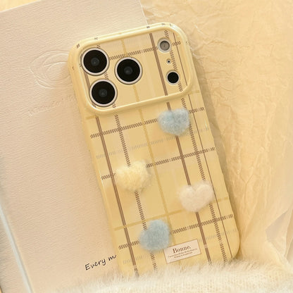 Korean Grid Pattern 3D Furry Plush Love Heart Phone Case For iPhone