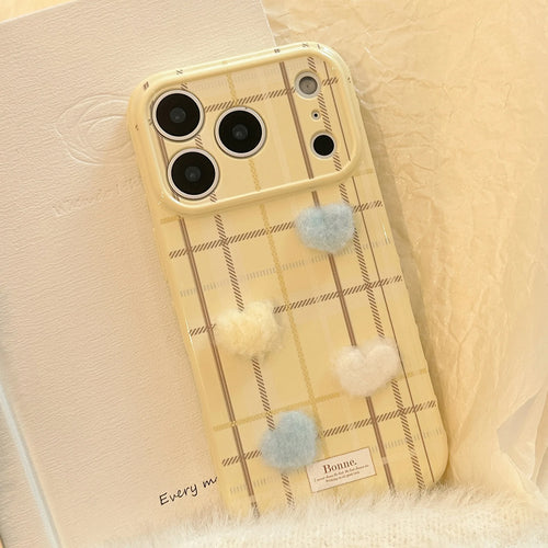 Korean Grid Pattern 3D Furry Plush Love Heart Phone Case For iPhone