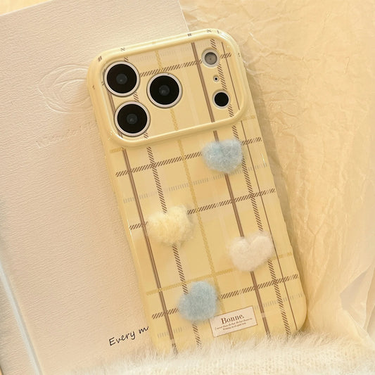 Korean Grid Pattern 3D Furry Plush Love Heart Phone Case For iPhone