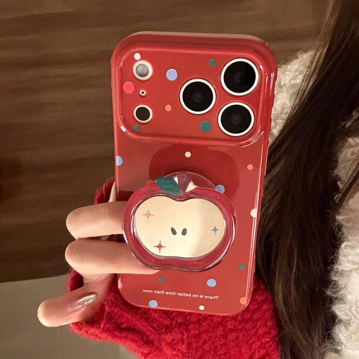 Korean Colorful Polka Dot Cartoon Red Apple Mirror Bracket Phone Case For iPhone