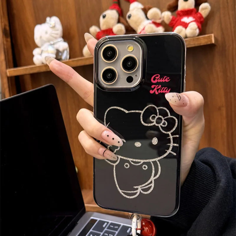 Black Wink Hello Kitty Bow Strap Stand Phone Case For iPhone