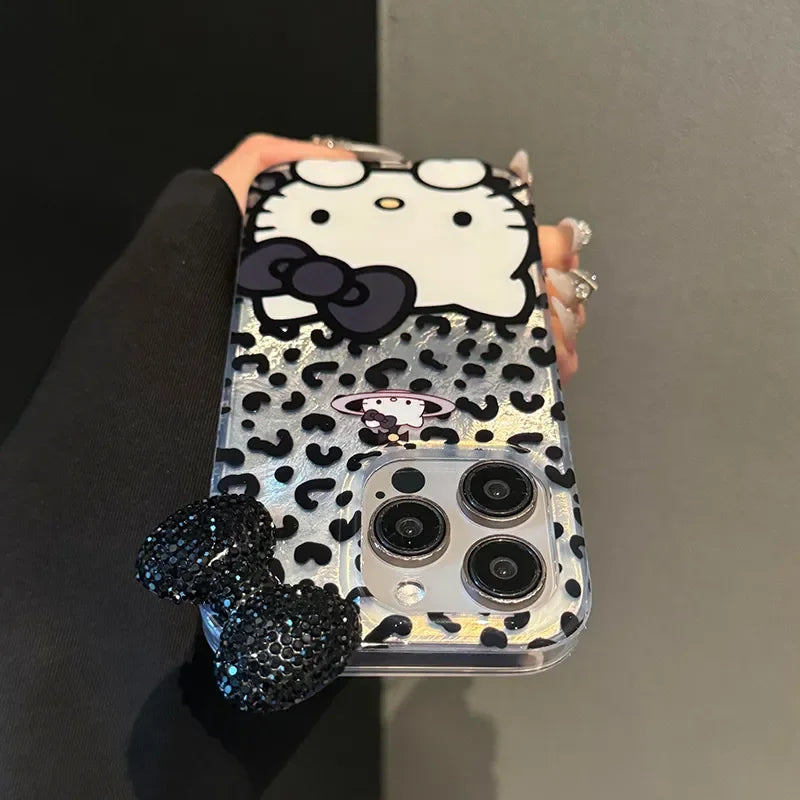 Hello Kitty Leopard Print Diamond Bow Phone Case For iPhone