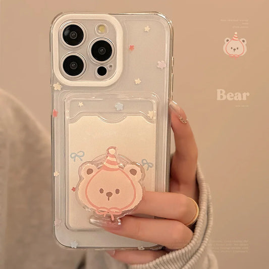 Lovely Cartoon Bear Card Package Phone Case With Stand Holder For iPhone