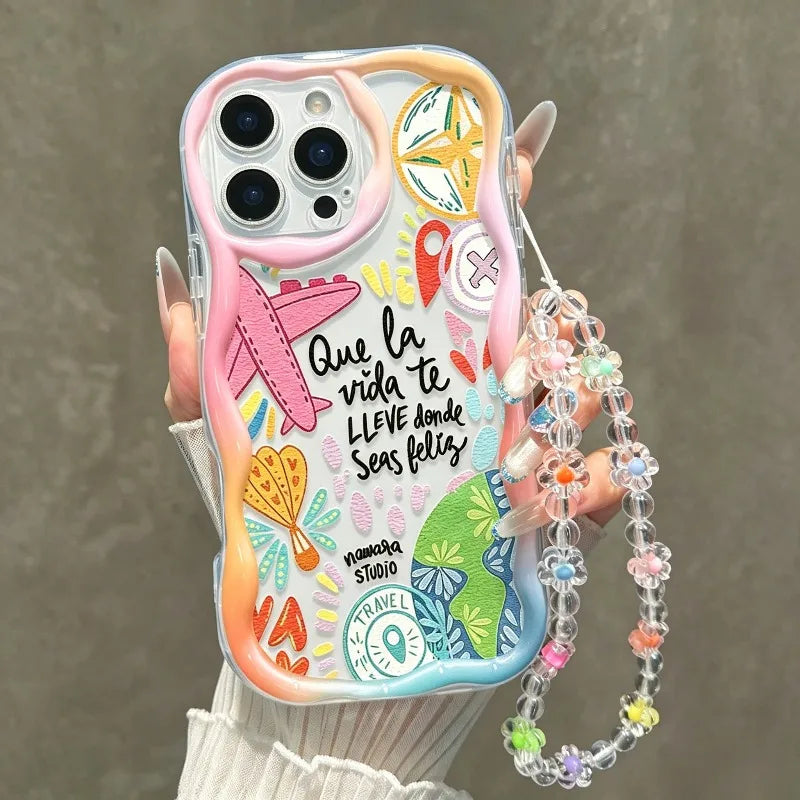 Cute Colorful Airplane Tourism Pattern Wavy-Edge Phone Case For iPhone