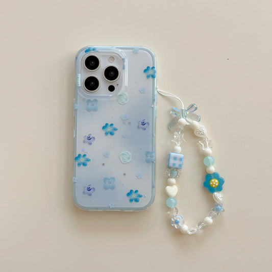 Sweet & Delicate Pastel Blue Floral Wrist Chain with 3D Flower Charms Phone Case
