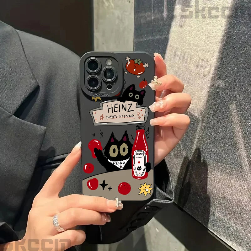 Tomato Sauce Black Cat Pattern Phone Case For iPhone