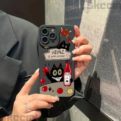 Tomato Sauce Black Cat Pattern Phone Case For iPhone