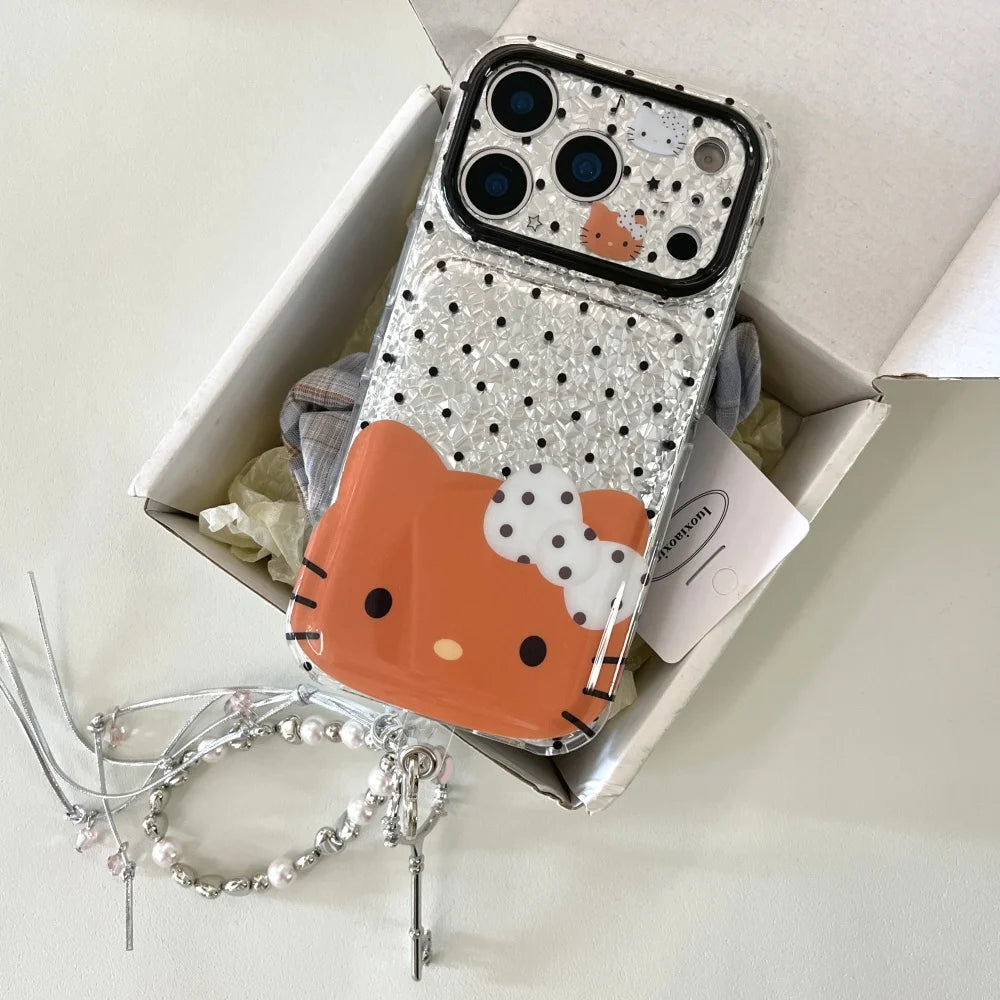 Black Polka Dot Hello Kitty Phone Case With Lanyard Shockproof Large Window Lens Protective Cover For iPhone