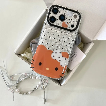 Black Polka Dot Hello Kitty Phone Case With Lanyard Shockproof Large Window Lens Protective Cover For iPhone