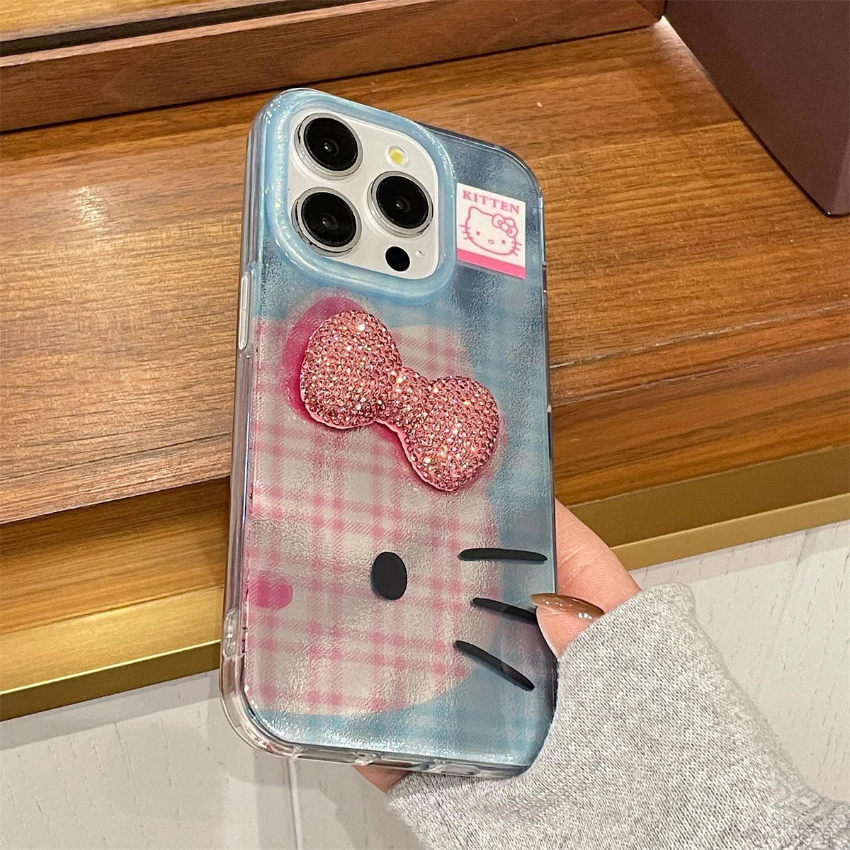 Hello Kitty Korea Grid Pattern Mirror Bow Strap Phone Case For iPhone