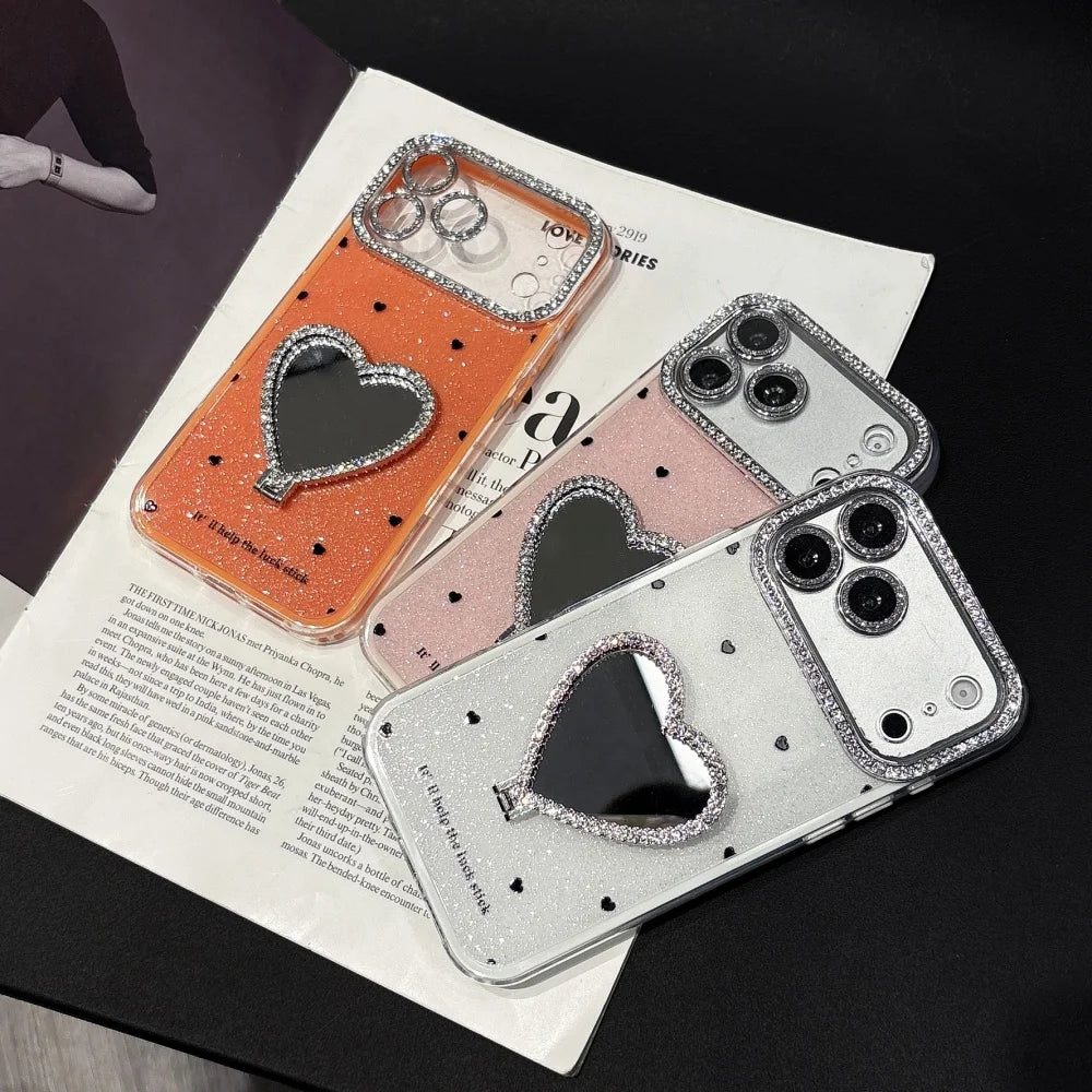 Glitter Diamond Love Heart Mirror Bracket Case For iPhone