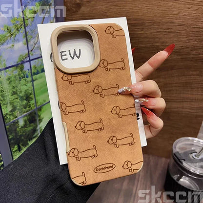Line Drawing Sausage Dog Leather Phone Case For iPhone