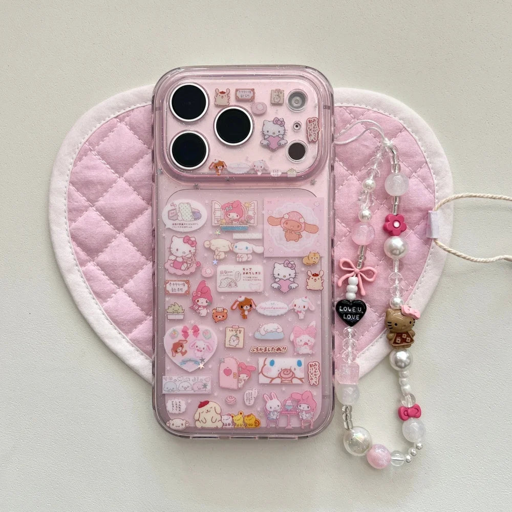 Cute Transparent Pink Kitty Stickers Phone Case For iPhone