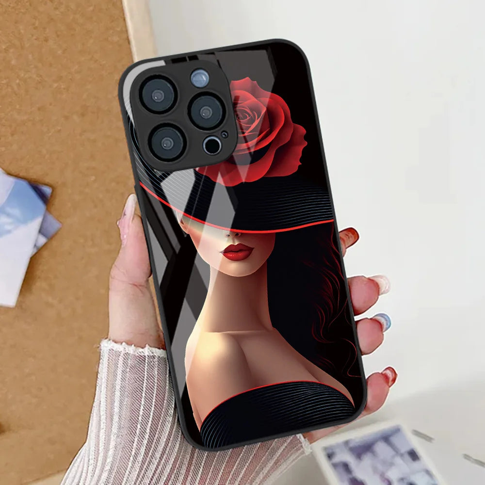 Sexy Girl Red Lips Tempered Glass Phone Case For iPhone